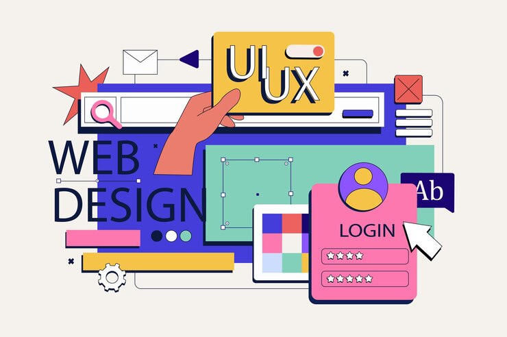 Vector concepto de diseño web en diseño neo-brutalismo plano creación de interfaz de usuario con colocación de contenido gráfico y botones en diseño responsivo ilustración vectorial para material de marketing de banners de redes sociales.
