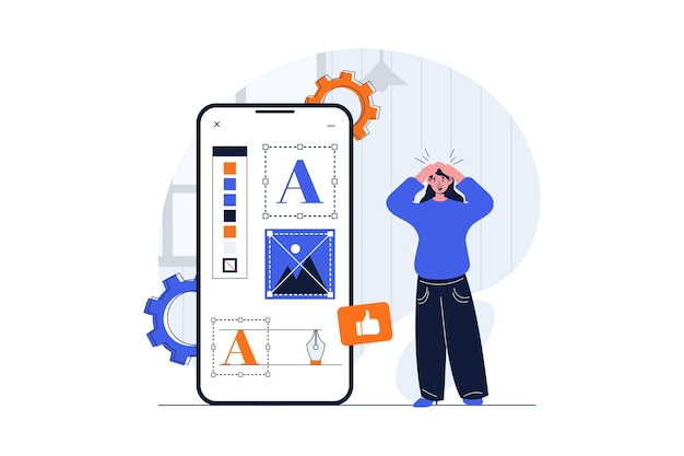 Concepto de diseño web con escena de personaje Mujer creando diseños móviles dibujando elementos gráficos con herramientas Situación de personas en diseño plano Ilustración vectorial para material de marketing en redes sociales