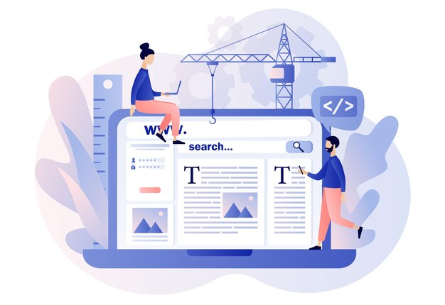 Concepto de diseño web Personas diminutas que crean una página web en una computadora portátil Software de diseño de interfaz de sitio web