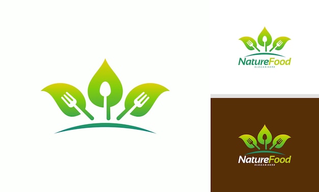 Concepto de diseños de logotipo de alimentos naturales, vector de plantilla de logotipo de hoja y alimentos