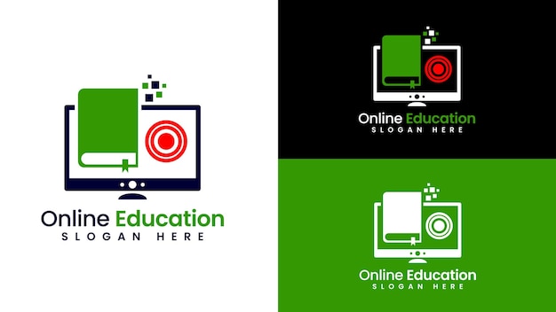 Concepto de diseños de logotipo de educación en línea, plantilla de diseños de logotipo de libro de computadora