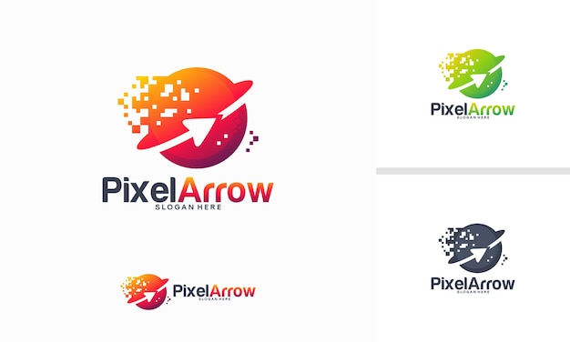 Concepto de diseños de logotipo de Pixel Arrow, plantilla de diseños de logotipos de tecnología Arrow
