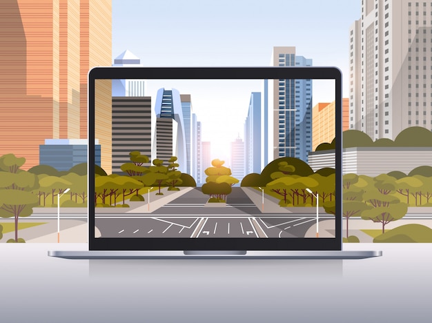 concepto de dispositivos y dispositivos realistas de la pared del paisaje urbano de la pantalla transparente del ordenador portátil