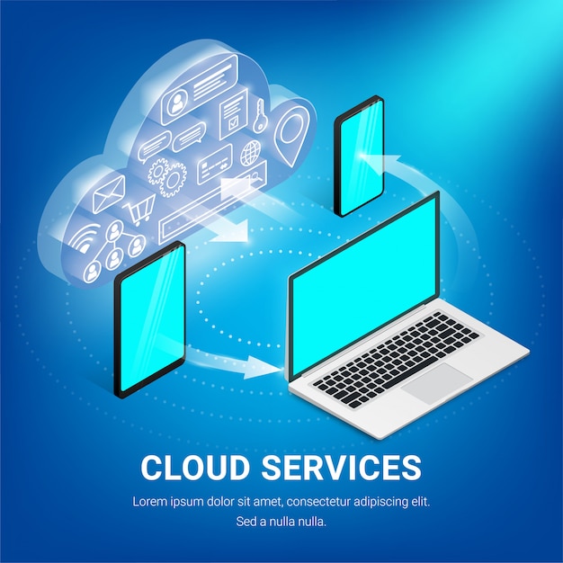 Concepto de dispositivos de tecnología isométrica en la nube. la nube brillante con iconos dentro se comunica con el teléfono inteligente, tableta, computadora portátil. banner de intercambio de datos con texto para web, diseño gráfico. ilustración