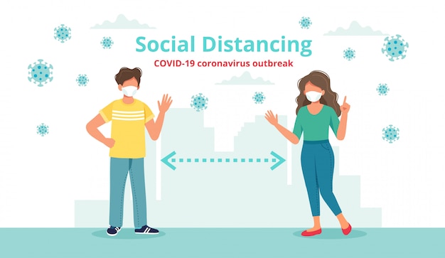 Vector concepto de distanciamiento social con dos personas a distancia saludando entre sí.