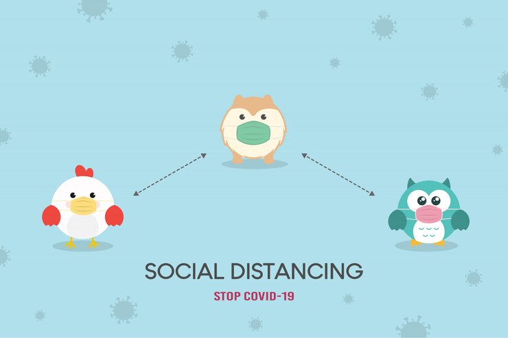 Concepto de distanciamiento social. Ilustración de prevención de coronavirus (COVID-19). Cute Owl, Chicken and Dog - Pomeranian Puppy personaje con máscara médica. Detener el coronavirus.