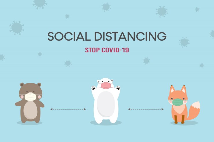Concepto de distanciamiento social. Ilustración de prevención de coronavirus (COVID-19). Lindo oso, oso polar y Fox personaje con máscara médica. Detener el coronavirus.