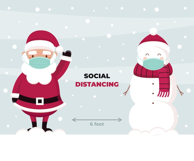 Concepto de distanciamiento social con personajes navideños