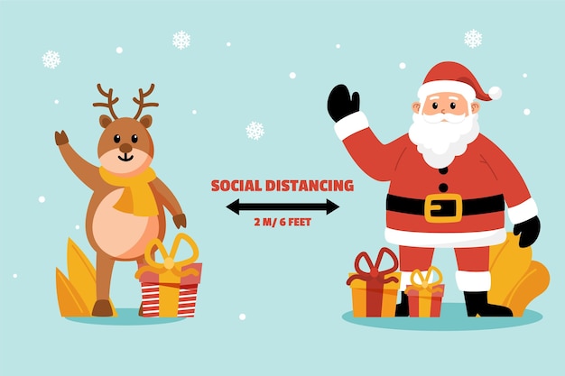 Concepto de distanciamiento social con personajes navideños