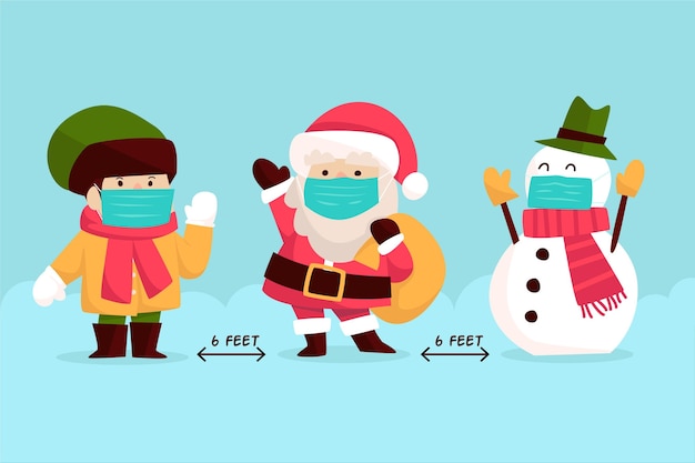 Concepto de distanciamiento social con personajes navideños