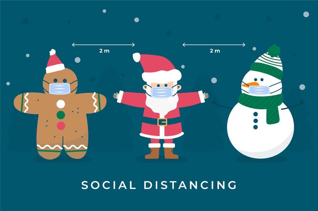 Concepto de distanciamiento social con personajes navideños