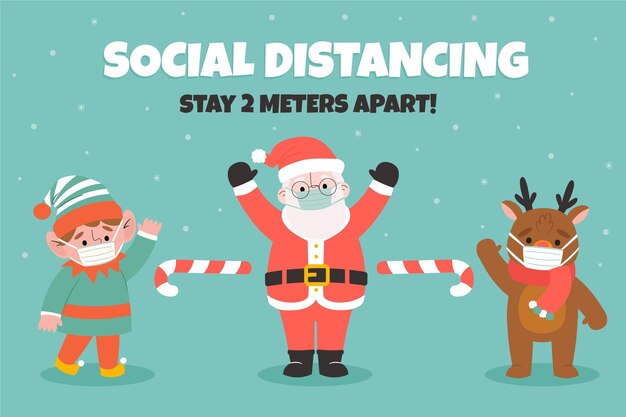 Concepto de distanciamiento social con personajes navideños