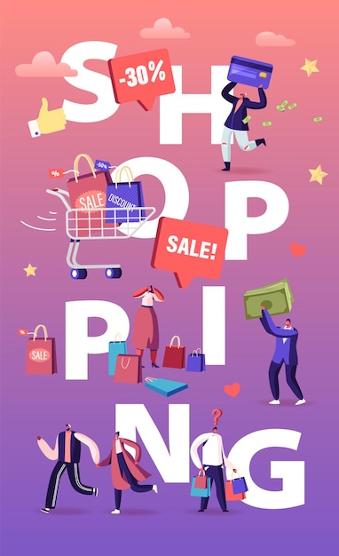 Concepto de diversión de compras de compradores. Ilustración plana de dibujos animados