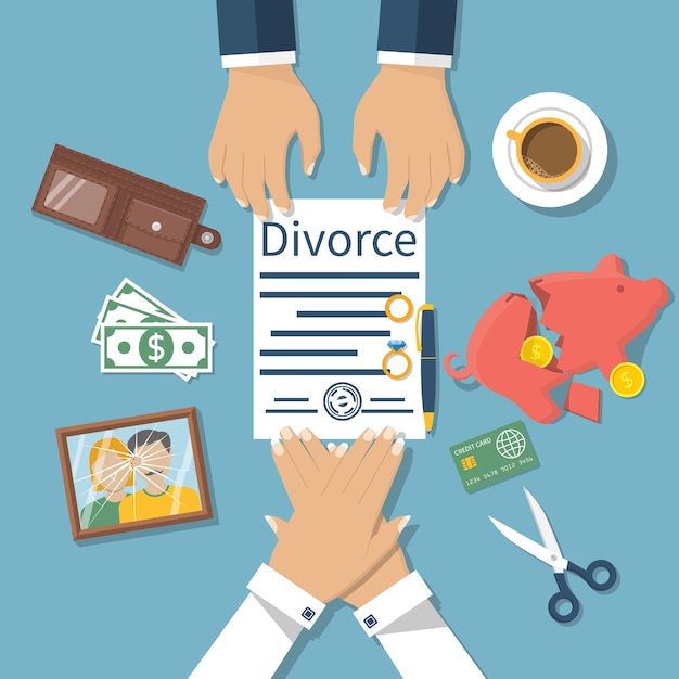 Vector concepto de divorcio. reunión de marido y mujer para firmar acuerdos de divorcio. división de propiedad.