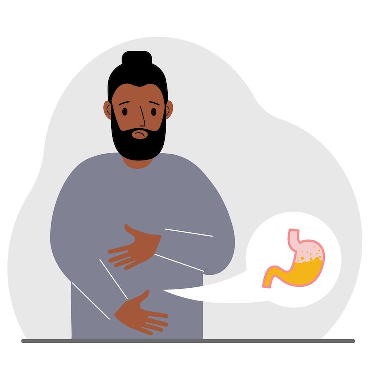 Vector el concepto de dolor en el abdomen el hombre sostiene su estómago con ambas manos problemas con el estómago o la digestión
