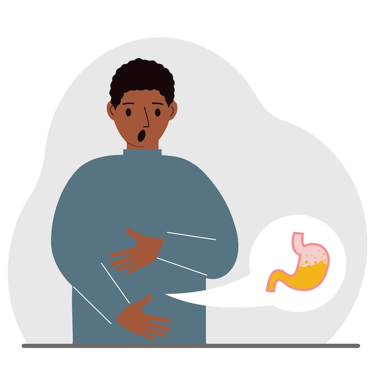 Vector el concepto de dolor en el abdomen el hombre sostiene su estómago con ambas manos problemas con el estómago o la digestión