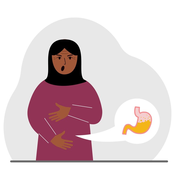 Vector el concepto de dolor en el abdomen la mujer árabe sostiene su estómago con ambas manos problemas con el estómago o la digestión