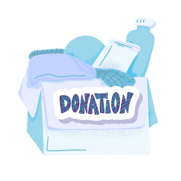 Concepto de donación Caja con cosas y texto