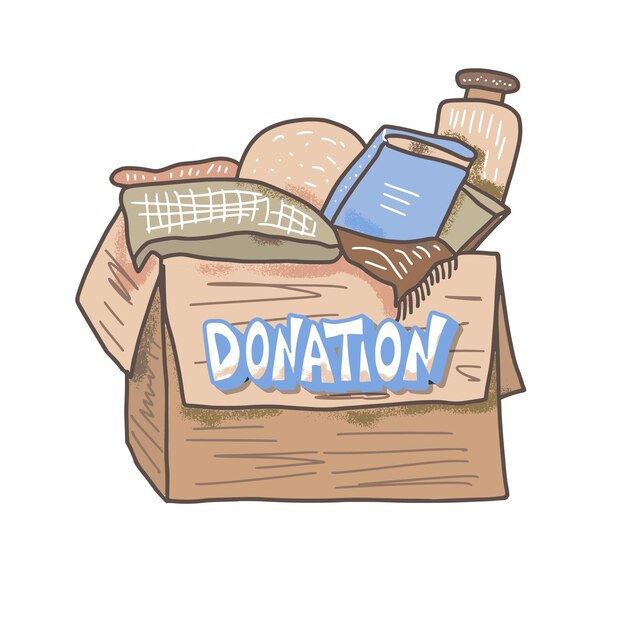 Concepto de donación Caja con cosas y texto