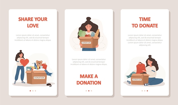 Vector concepto de donación y caridad mujeres voluntarias con cajas de cartón llenas de ayuda humanitaria filantropía hora de donar comparte tu amor ilustración de dibujos animados vectoriales conjunto de banners móviles