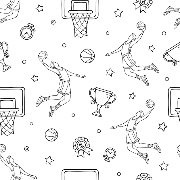 Concepto de doodle de baloncesto Patrón sin fisuras de mano dibujado símbolos y objetos de baloncesto.