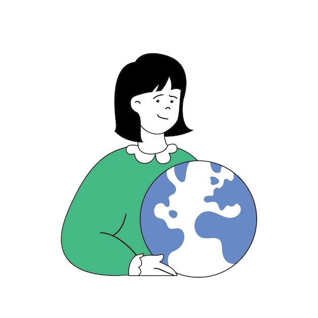 Concepto de ecología con gente de dibujos animados en diseño plano para web Mujer protegiendo plantas y salvando el planeta y deteniendo el cambio climático Ilustración vectorial para material de marketing de banners en redes sociales