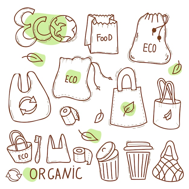 Vector concepto de ecología sin plástico orgánico enfoque ecológico botes de basura bolsas ecológicas conjunto de garabatos lineales