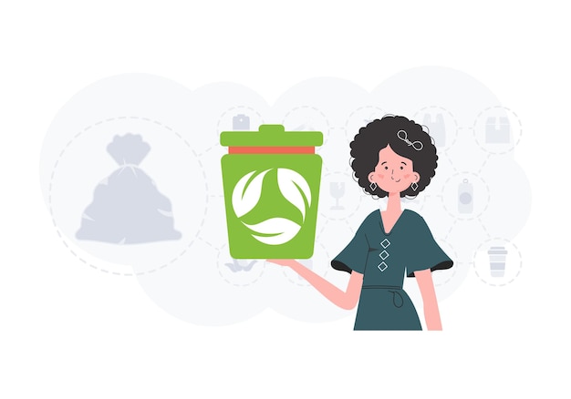 Vector el concepto de ecología y reciclaje una mujer sostiene una urna en sus manos ilustración vectorial estilo plano y moderno