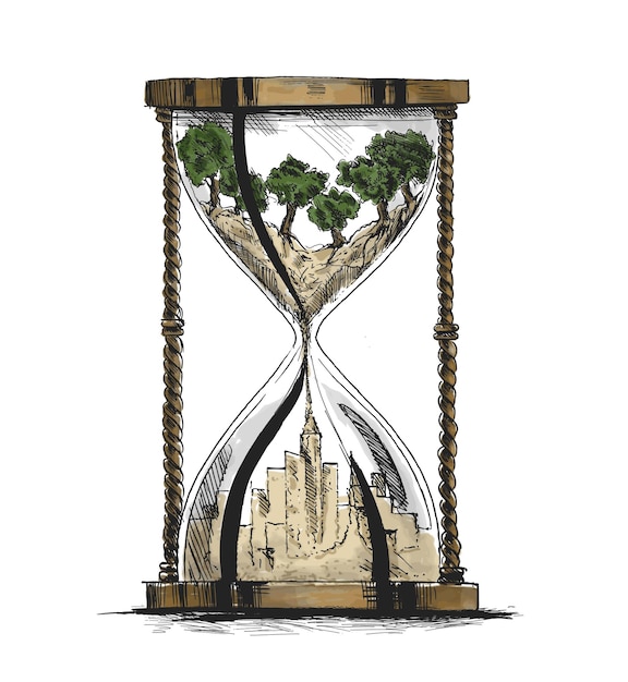 Concepto de ecología de reloj de arena Paisaje de la ciudad Contaminación ambiental y protección del medio ambiente