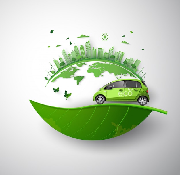 Vector concepto de ecológico con coche ecológico.