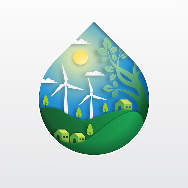 Concepto ecológico con energía verde y papel de célula solar de molino de viento de ciudad verde ilustración vectorial de corte