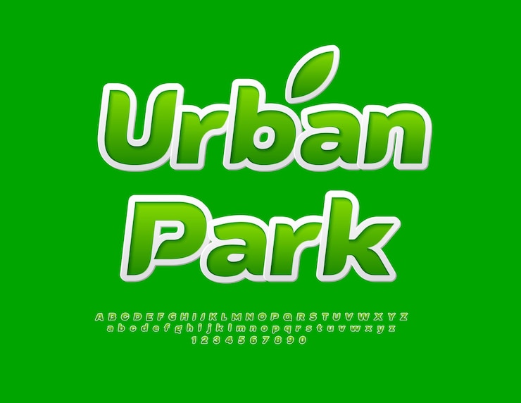 Vector concepto ecológico vectorial parque urbano con hoja decorativa estilo de fuente verde artístico de moda conjunto de alfabeto