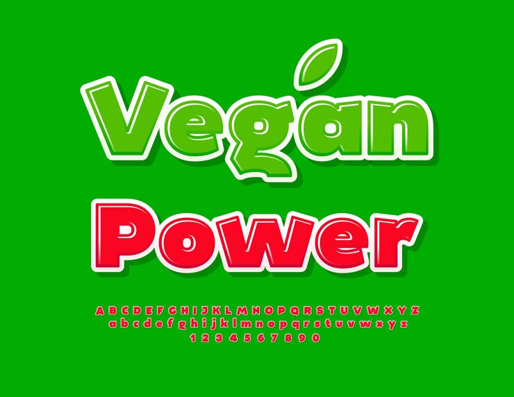 Vector concepto ecológico vectorial vegan power red glossy font alfabeto moderno set de letras y números