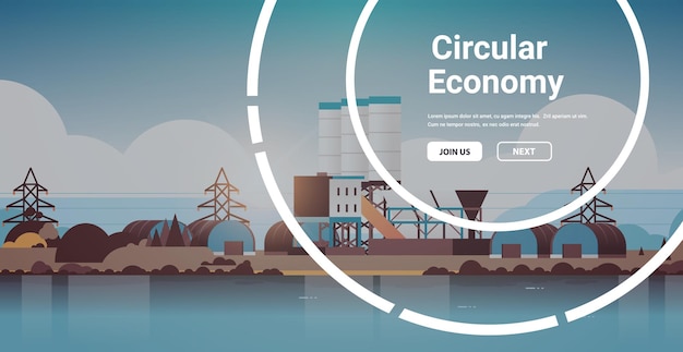 Concepto de economía circular compartir reutilizar reparar renovar reciclar materiales existentes consumo de energía emisiones de co2 zona industrial fondo copia horizontal espacio vector ilustración