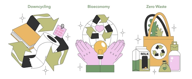 Concepto de economía circular que muestra la bioeconomía de reciclaje descendente y el estilo de vida de cero residuos medioambiental