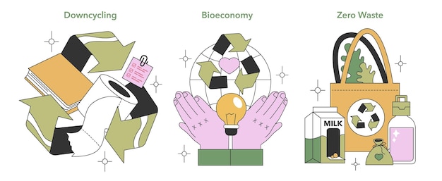 Vector concepto de economía circular que muestra la bioeconomía de reciclaje descendente y el estilo de vida de cero residuos medioambiental