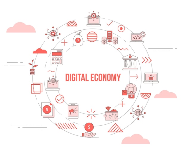 Concepto de economía digital con banner de plantilla de conjunto de iconos y vector de forma redonda circular