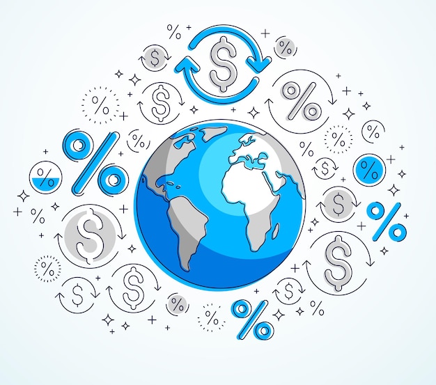 Concepto de economía global, planeta tierra con conjunto de iconos de dólar, negocios internacionales, cambio de moneda, conexión de red global de Internet, vector, los elementos se pueden utilizar por separado.