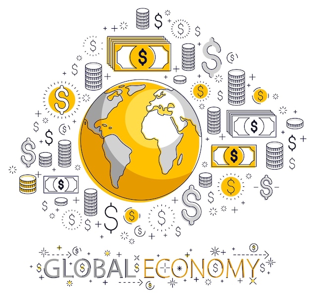 Concepto de economía global, planeta tierra con conjunto de iconos de dólar, negocios internacionales, cambio de moneda, conexión de red global de Internet, vector, los elementos se pueden utilizar por separado.