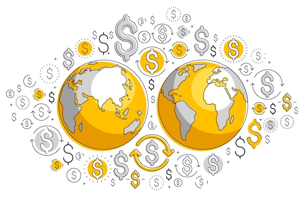 Concepto de economía global, planeta tierra con conjunto de iconos de dólar, negocios internacionales, cambio de moneda, conexión de red global de Internet, vector, los elementos se pueden utilizar por separado.