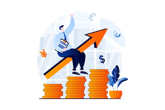 Concepto económico global con escena de personas en diseño de dibujos animados planos Businessman invierte en nuevas empresas en el mercado global y obtiene ganancias en una empresa internacional Historia visual de ilustración vectorial para web