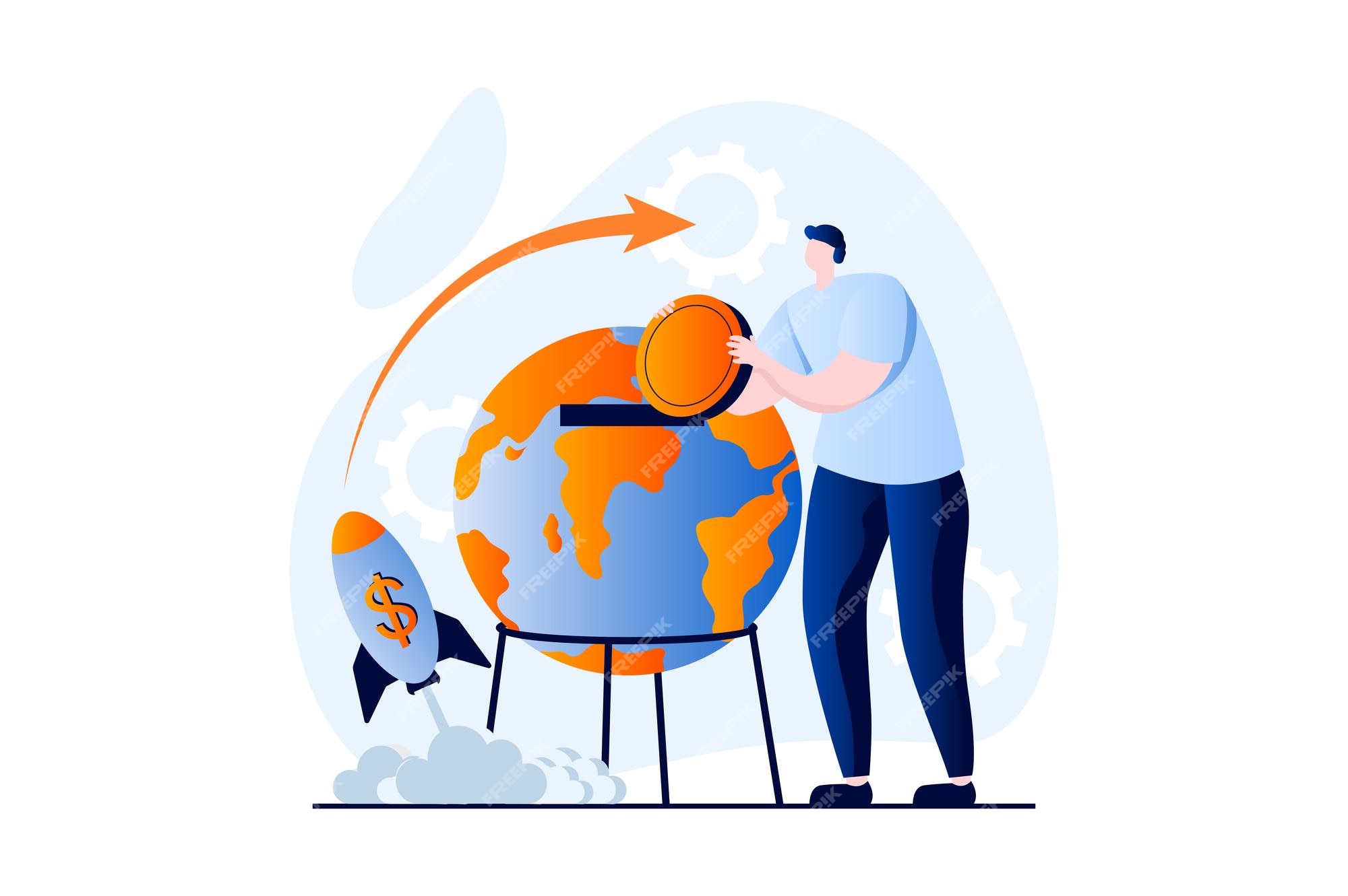 Concepto económico global con escena de personas en diseño de dibujos animados planos el hombre invierte dinero en una empresa internacional y desarrolla negocios globales con grandes ganancias historia visual de ilustración Concepto económico global con escena de personas en diseño de dibujos animados planos el hombre invierte dinero en una empresa internacional y desarrolla negocios globales con grandes ganancias historia visual de ilustración