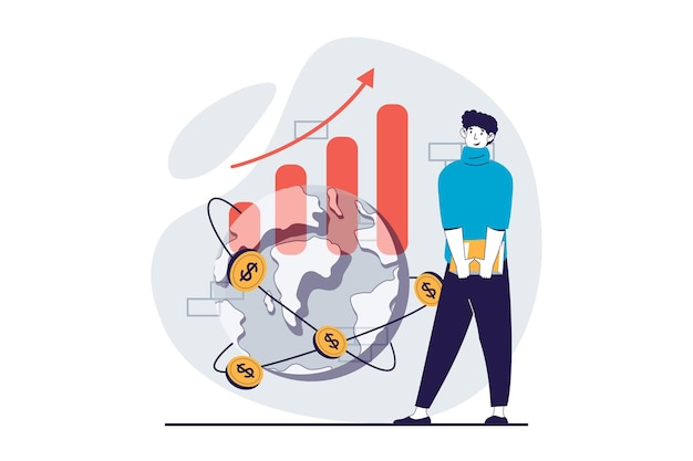 Concepto económico global con gente escena en diseño plano para web Hombre analizando datos del mercado mundial creando negocios exitosos Ilustración vectorial para medios sociales material de marketing de banner