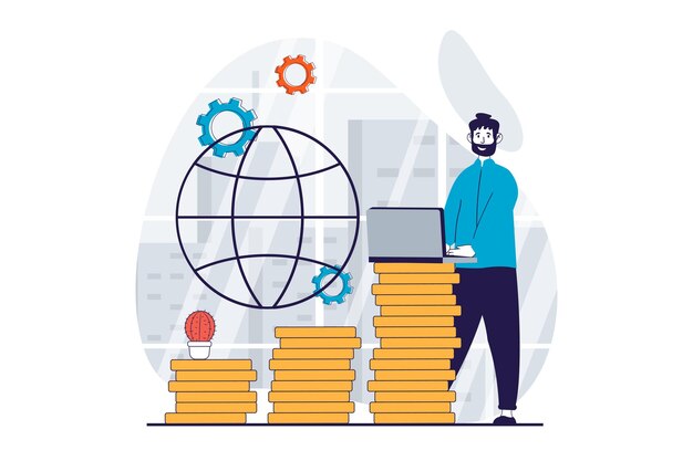 Concepto económico global con gente escena en diseño plano para web Hombre desarrollando compañía de comercio internacional y obteniendo ganancias Ilustración vectorial para material de marketing de banner de redes sociales