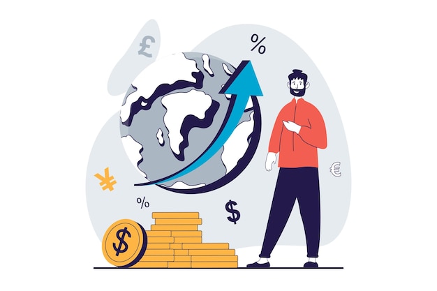 Concepto económico global con gente escena en diseño plano para web Hombres analizando las tendencias del mercado mundial creando estrategia de inversión Ilustración vectorial para medios sociales material de marketing de banner