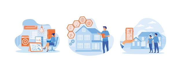 Concepto de edificio de apartamentos con conexión a Internet aislado en blanco Casa con inteligencia cognitiva Aplicación para el hogar inteligente con sistema de control Ilustración moderna de vector plano establecido