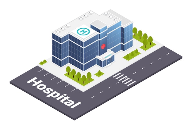 Concepto de edificio de hospital o clínica médica Gran centro moderno para el diagnóstico y tratamiento de enfermedades Elemento de diseño para redes sociales y sitios web Ilustración vectorial isométrica de dibujos animados