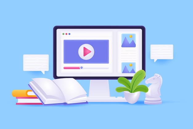 Concepto de educación y aprendizaje electrónico Ilustración 3D Composición de iconos con lección de video en la computadora