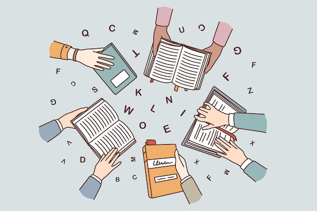 Concepto de educación, aprendizaje y lectura. Vista superior de manos humanas sosteniendo libros aprendiendo a estudiar con letras volando sobre ilustración vectorial