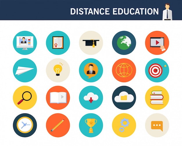 Concepto de educación a distancia iconos planos